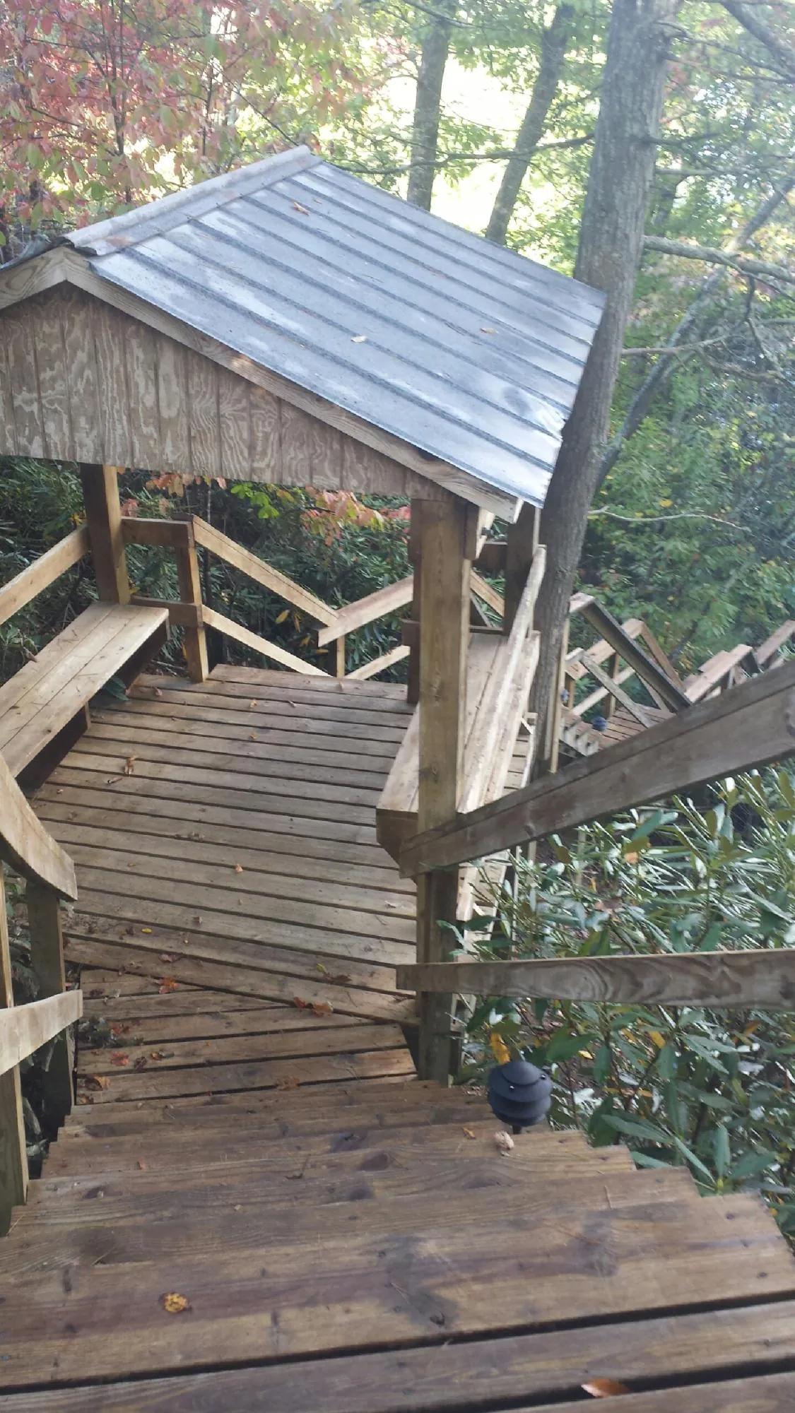 Metal roofed shelter over wooden steps on a wooded walkway — Skylight Repair & Installation work by our crew in Siler City